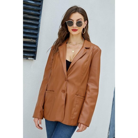 🆕 Women Brown Faux Leather Blazer Jackets Spring Fashion Vegan Button Down Coat - Picture 3 of 6